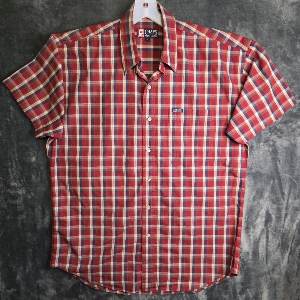 Chaps Ralph Lauren Shirt Mens Red Navy Blue Button Up Short Sleeve Pocket Sz L.